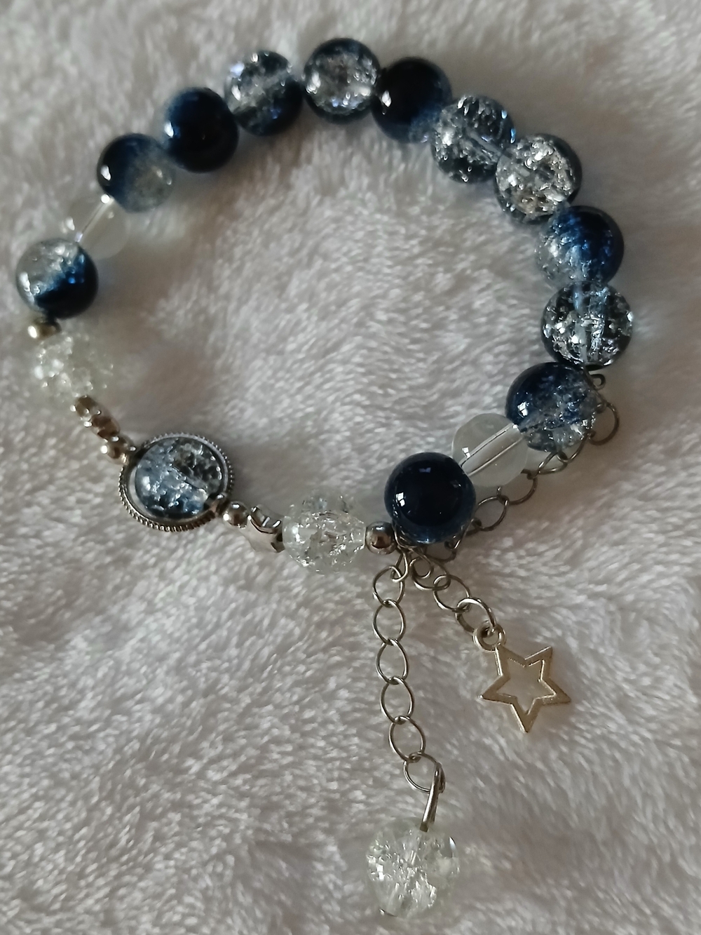 💚 Elegant Navy Blue & Clear Beaded Charm Bracelet GALAXY & STAR